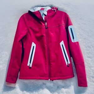 Women's Maroon and Grey Ski Jacket with Fur Hood